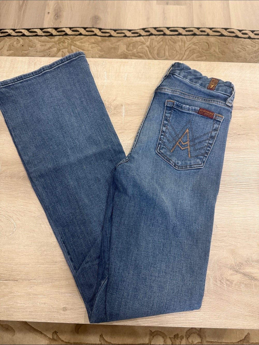 7 For All Mankind Women's Blue Bootcut Jeans with Embroidered Back Pocket